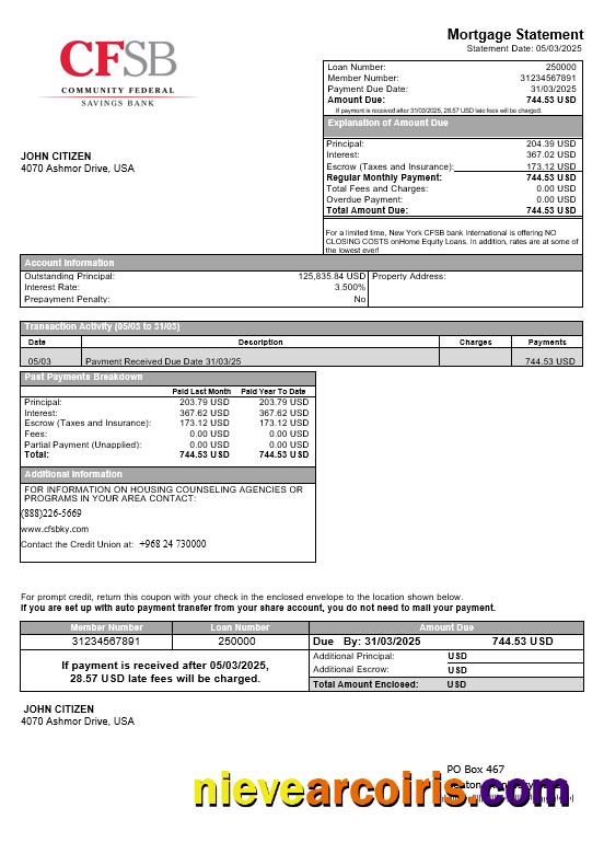 USA New York CFSB bank mortgage statement